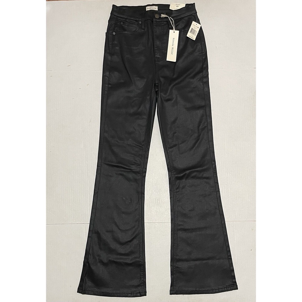 Nicole Miller Milan High Rise Flare Jeans Womens 29 Black Glossy Stretch NWT